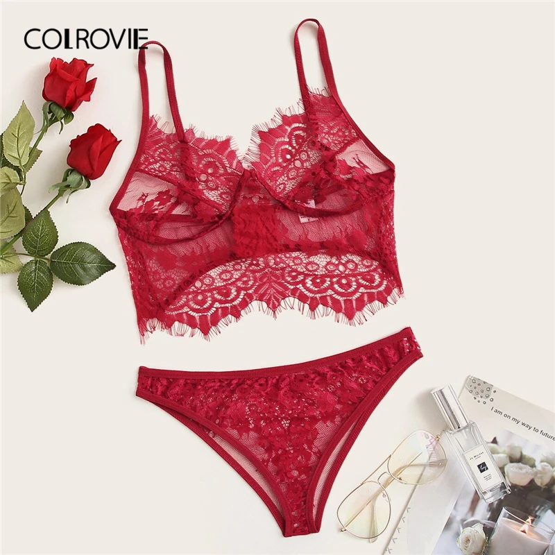 

COLROVIE Black Eyelash Lace Sexy Lingerie Set Women Intimates 2019 Red Transparent Bra And Briefs Ladies Underwear Set
