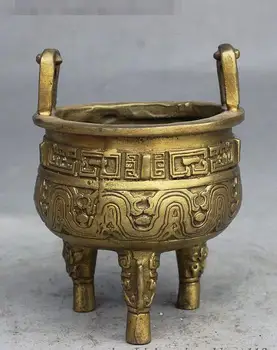 

China Buddhism Temple Brass Beast Head 3 Foot Statue Ding Incense Burner Censer
