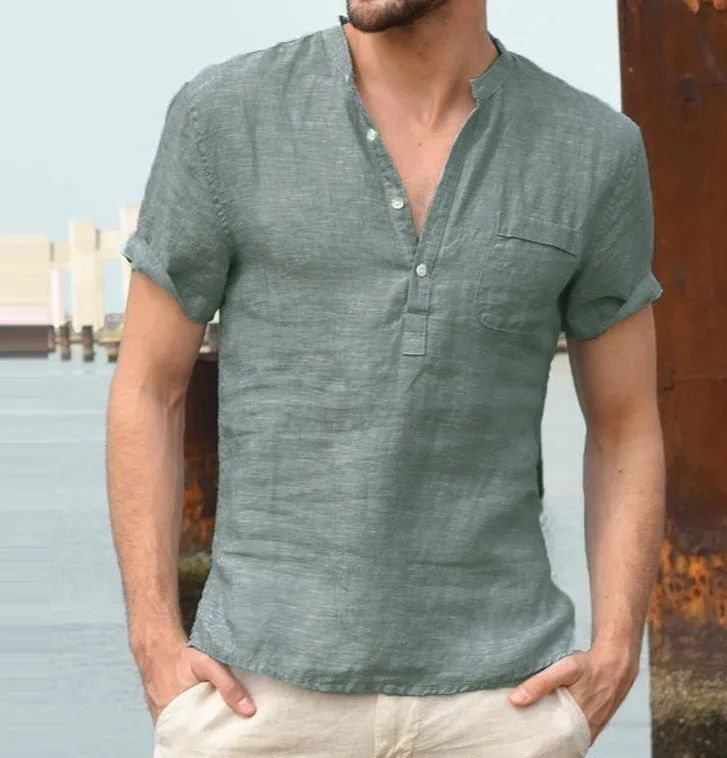 Men's Casual Linen Shirts Male Mandarin Collar Sexy V-Neck Cotton Linen Shirt Tops Summer Short Sleeve Flax Shirts 3XL image 4