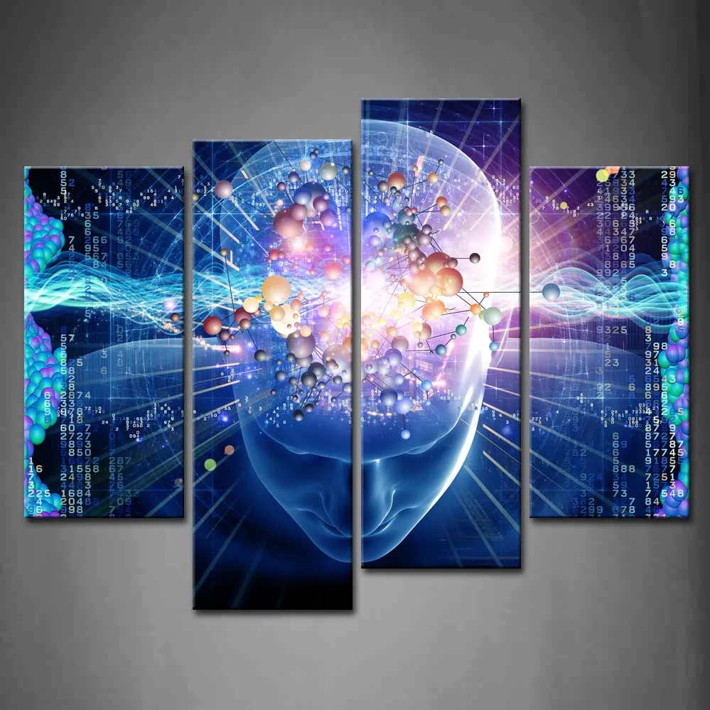 

4 Pics Framed Wall Art Pictures Human Head Dna Canvas Print Artwork Abstract Modern Posters With Wooden Frames For Decor
