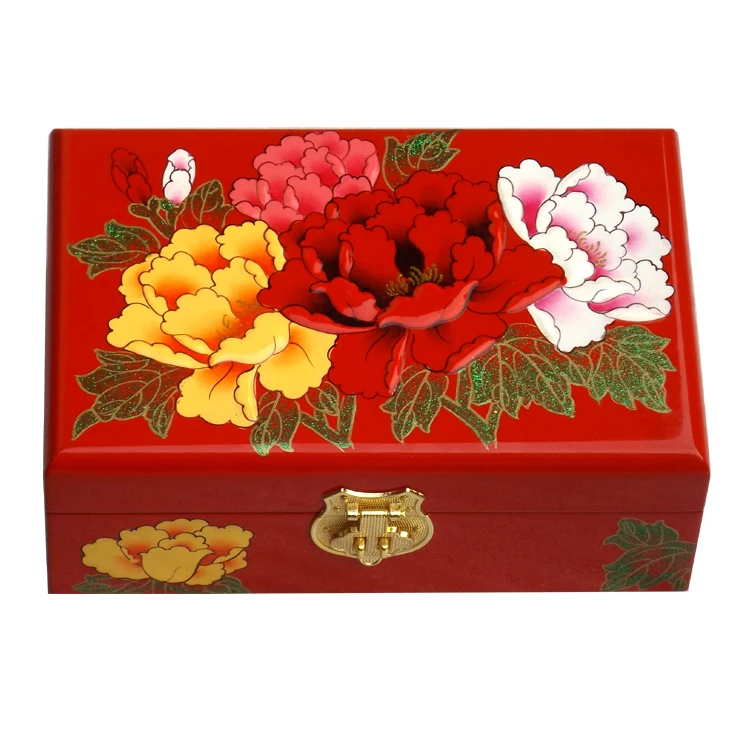 

best gift Retro double handmade jewelry paint wooden jewelry box lock solid wood wedding gift Peony flower