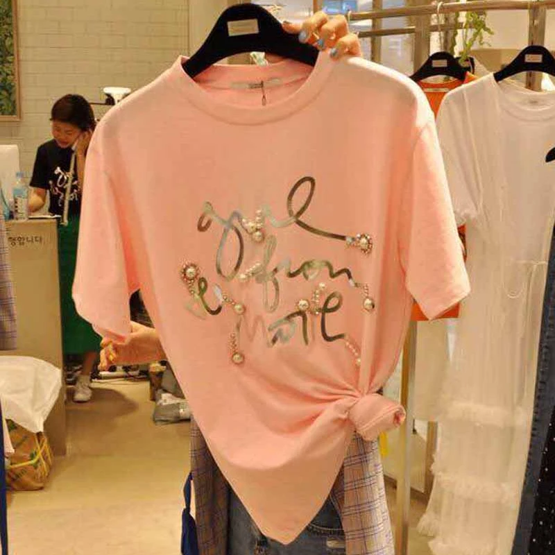 

O Neck Letter Beading Summer Short Sleeve Pullovers All-match Casual Basic Tops Pink Students T-shirts