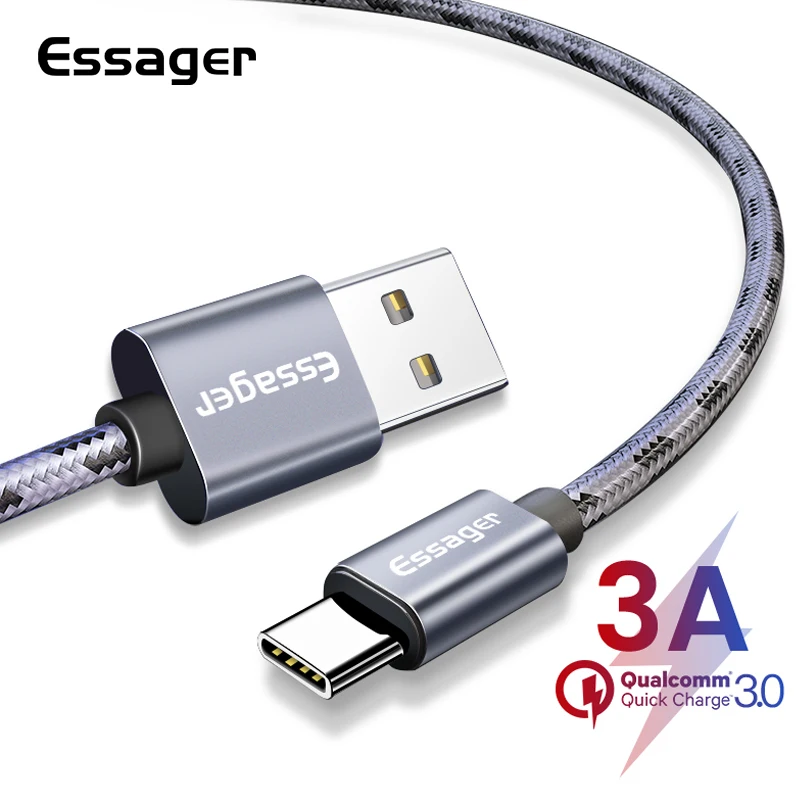 Essager USB نوع C كابل 3 m لسامسونج Xiaomi Redmi ملاحظة 7 K20 برو الهاتف المحمول سريع تهمة USBC نوع-c سلك الحبل USB-C شاحن