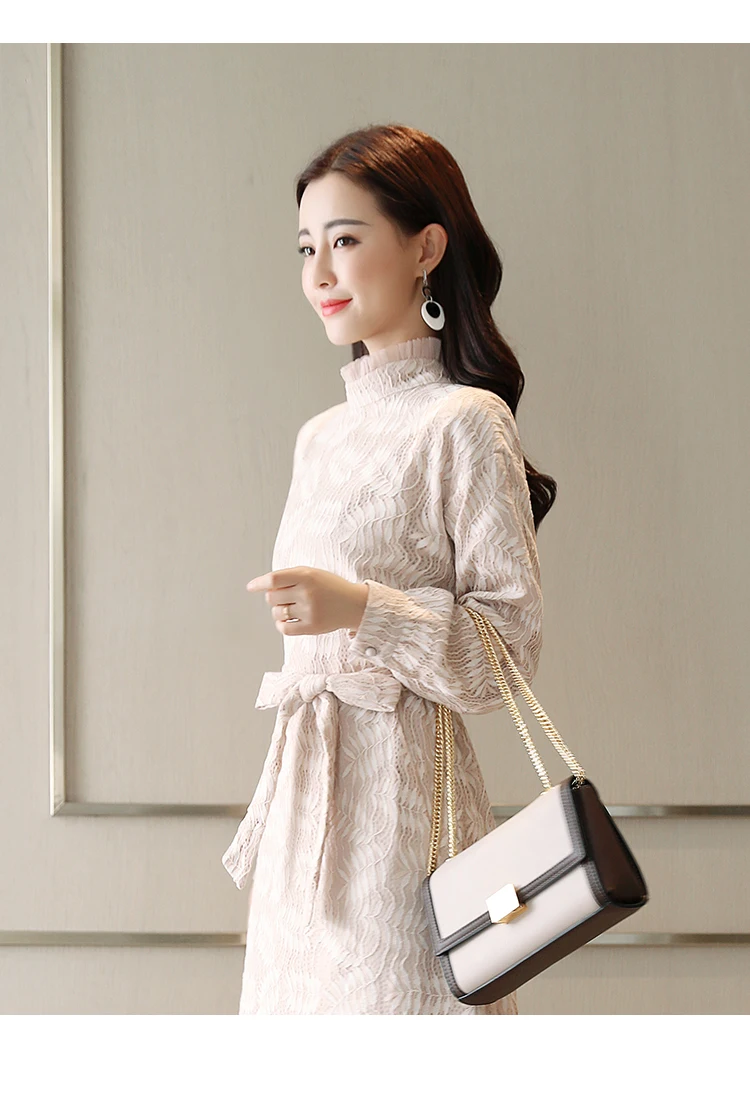 Весна и осень новое корейское высококачественное женское платье с длинным рукавом с круглым вырезом Длинные платья Элегантное кружевное платье