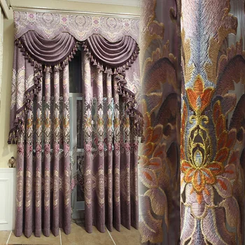 

Custom curtains European garden chenille embroidery hollow simple modern purple cloth blackout curtain tulle valance drapes N468
