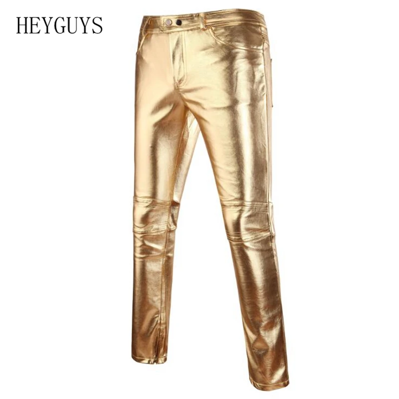 Мотоциклетные брюки из искусственной кожи мужские брендовые обтягивающие глянцевый золотистый Серебристый черные брюки для ночного