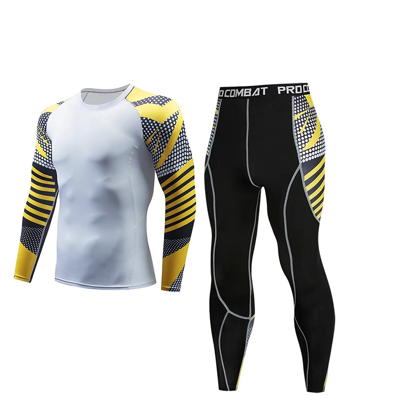 Спортивный комплект для фитнеса, мужской облегающий спортивный костюм с принтом, 15 цветов, комплекты для бега, быстросохнущие колготки, футболка с длинным рукавом и штаны