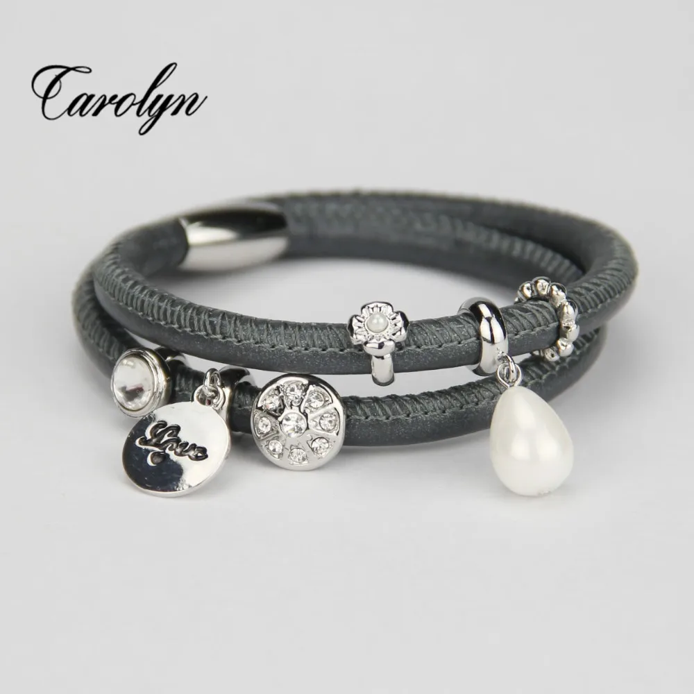 Grey Double Endless Bracelets 40cm Wrap Leather with Magent With 6