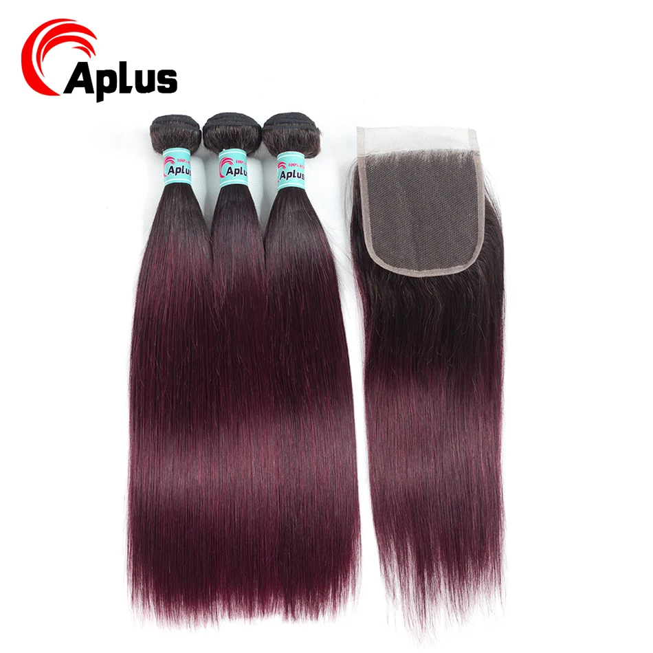 

#1B 99J Straight Malaysian Hair Bundles With Closure 4Pcs Lot Red Hair 3 Bundles With Closure 4*4 Ombre Non Remy Aplus Hair