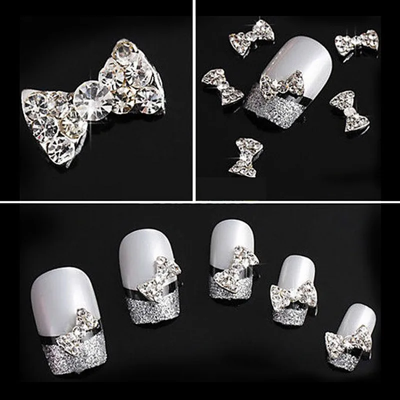 100 Pcs 3D Metallic Silver Rhinestones Nail Studs Bow Tie Charm Designs Art/ Manicure Decorations | Красота и здоровье