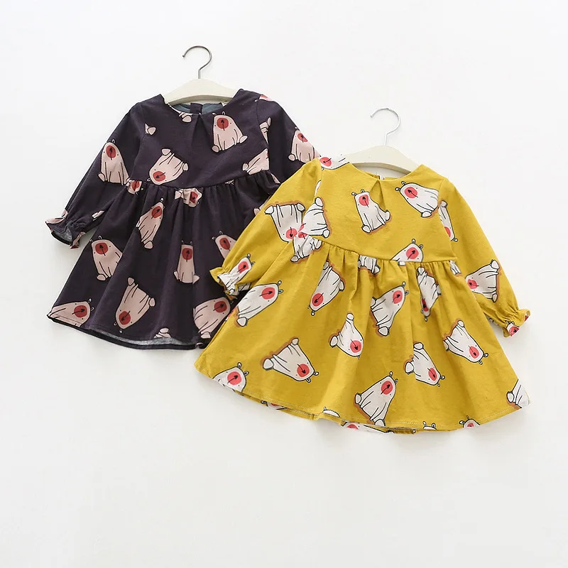 

Girls spring summer dresses kids o-neck long sleeve cartoon Polar bear printed dress baby yellow brown casual clothes children