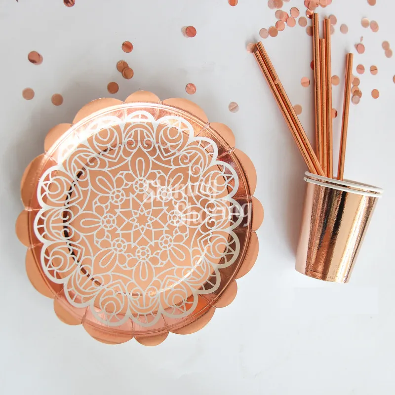 Rose Gold Birthday Party Tableware Plate Straw Wedding Party Ballon Tassel decoration Baby Shower Bachelor Party supplies (6)