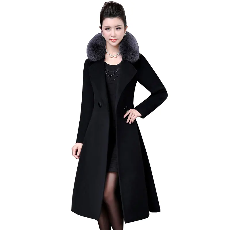 Plus size 4XL Middle aged Womens Woolen Coat Winter 2018 New Imitation Fox Fur Collar Wool Overcoat Long Slim Woolen Jacket