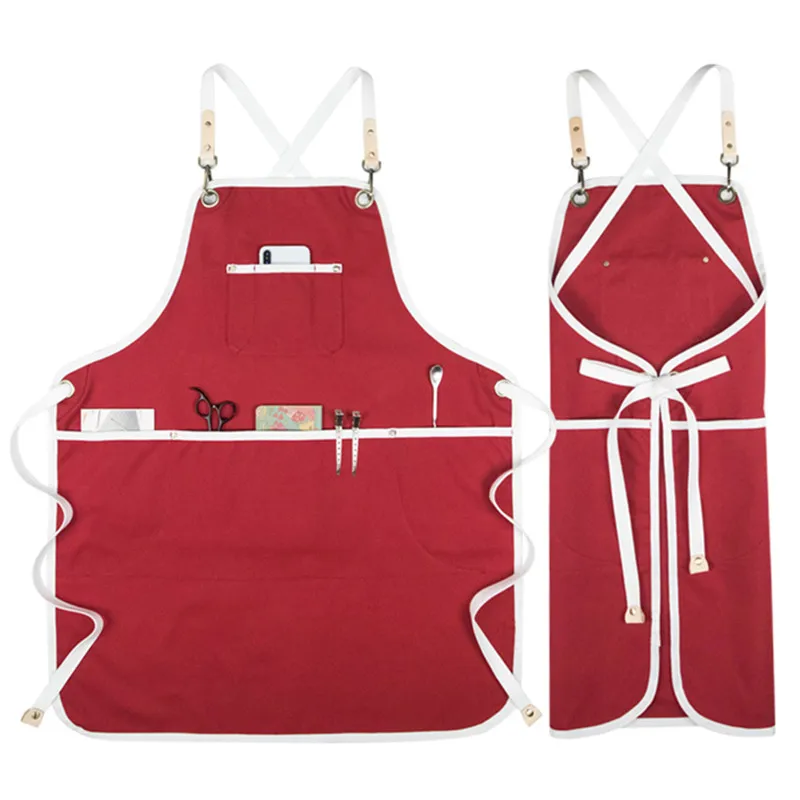 

Red Khaki Canvas Apron Cotton Straps Barista Bartender Pastry Waitstaff Uniform Florist Barber Hairdresser Painter Work Wear E33