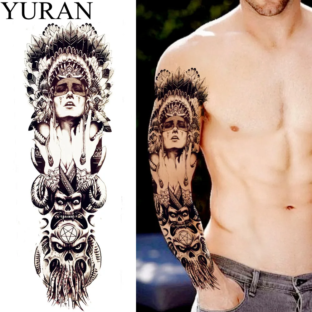 

Hot Indian Warrior Big Full Arm Temporary Tattoo Sticker GQSQ30 Men Women Water Transfer Fake Tattoo Sleeve Shoulder Skull Totem