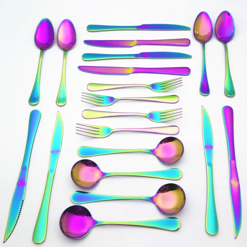 

Colorful Spoon Steak Knife Dinner Fork Rainbow Flatware Suit Mirror Polished Stainless Steel Colorful Dinnerware Set 4pcs/set