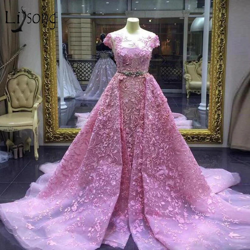 Великолепные розовые вечерние платья с вышивкой Abiye Saudi арабские вечерние кружевные платья трапециевидной формы с блестящим поясом с кристаллами Abendkleider