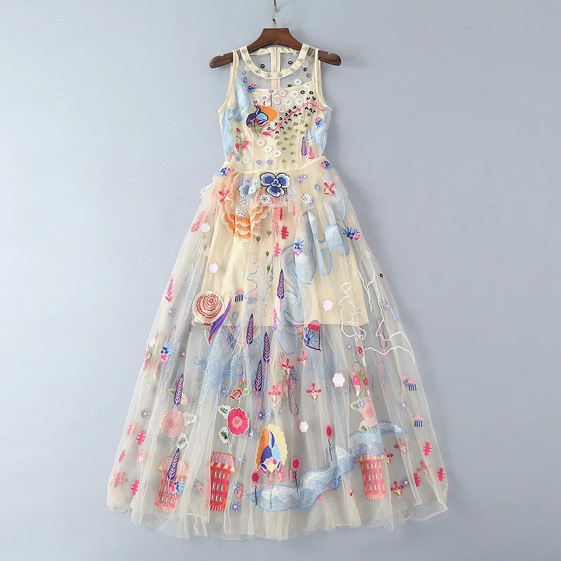 

2019 Spring Summer Luxury Mesh Diamond Flowers Floral Embroidery Mid-Calf Dress TWO PIECES High End Haute Couture