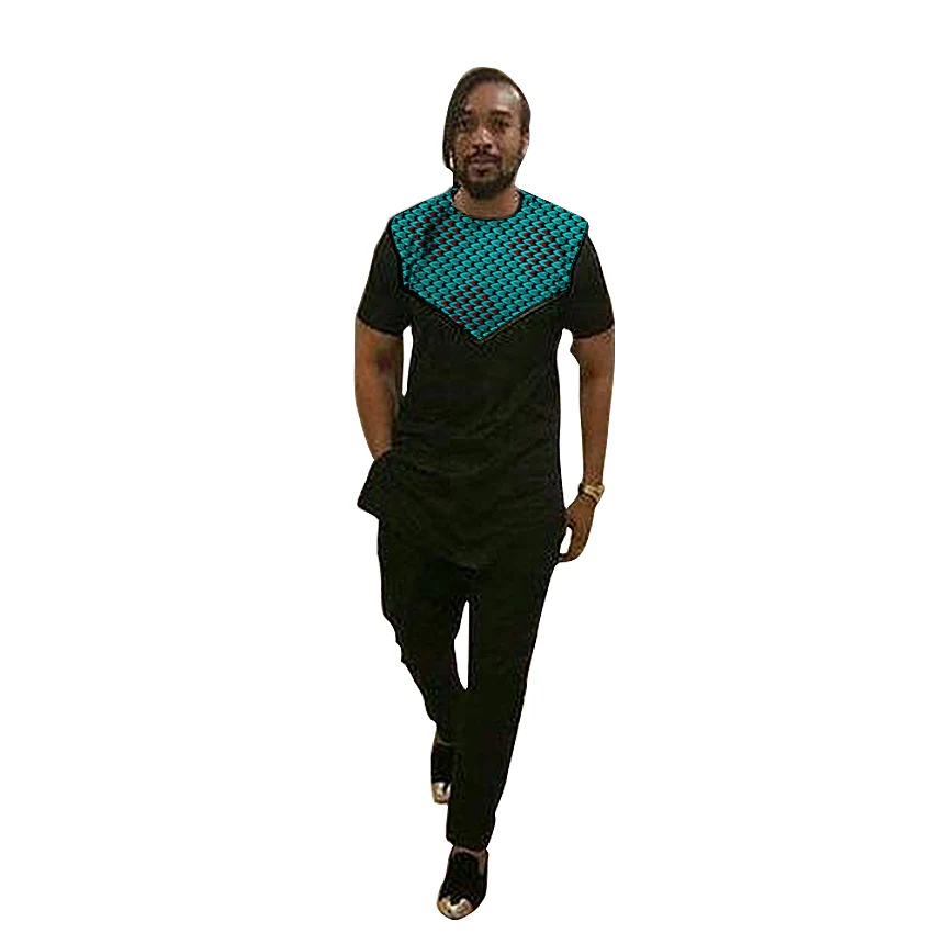 Африканский модный мужской комплект, Дашики, рубашка с брюками, 2 штуки, восковый принт с черными микс топами+ брюки, африканская одежда на заказ