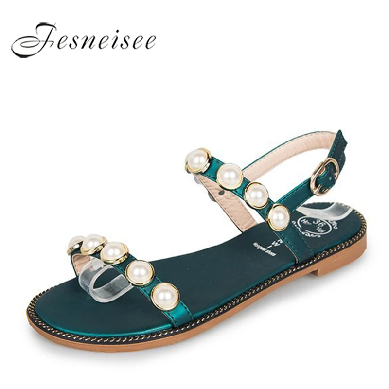 

FESNEISEE Pearl Decoration Women's Sandals Women Summer Casual Shoes With Fashion Sandals Vacation&Sun Mujer Shoes