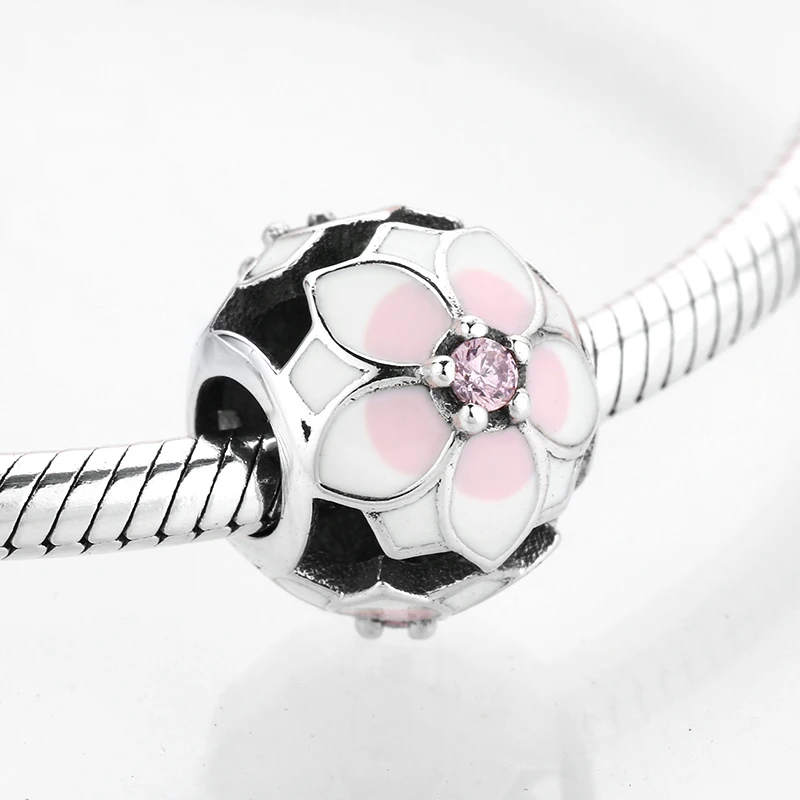 Authentic 925 Sterling Silver Pink Enamel Magnolia Flowers beads Fit Original Pandora Charm Bracelet Jewelry making