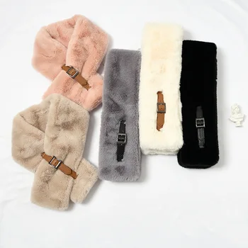 

leather buckle plush scarf female wild solid color texture furry rabbit fur warm thick autumn and winter wild scarf cross scarf