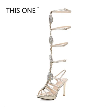 

Brand Fashion Crystal Summer High Heels Boots Rhinestone PU Leather High Heels Gladiator Sandals Woman Flat With Shoes Buckle