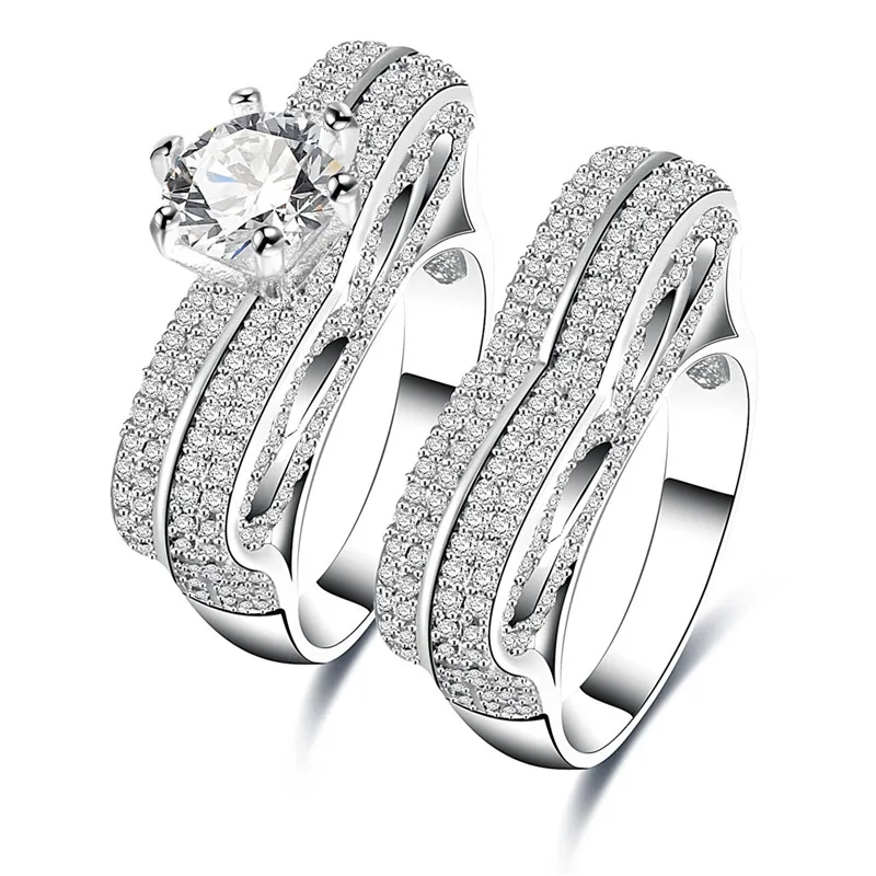 MJARTORIA Fashion 2 Rows Rhinestone Edge Silver Color Rings Women