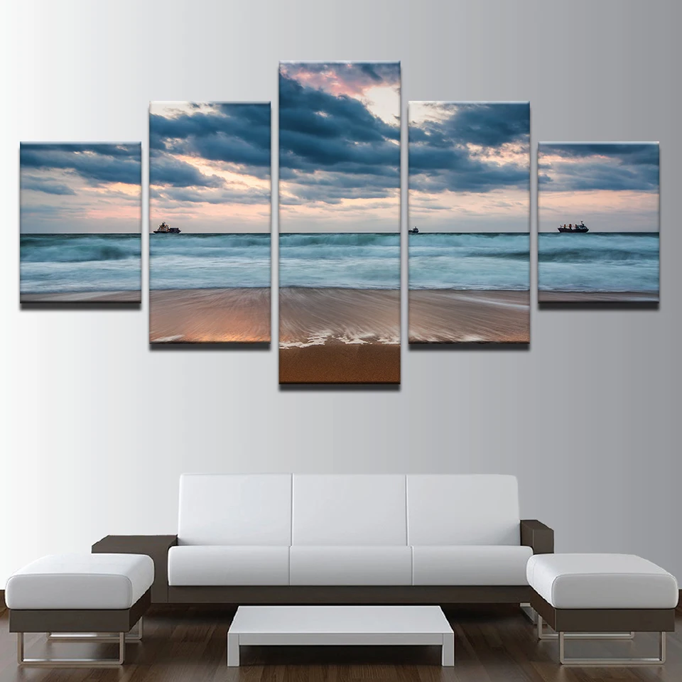 HD Prints Painting Home Decor Canvas Living Room Framework 5 Piece Sea Waves Beach Pictures Cloudy Boat Seascape Poster Wall Art | Дом и сад