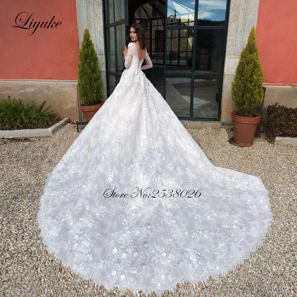 Liyuke ТРАПЕЦИЕВИДНОЕ кружевное свадебное платье с глубоким вырезом и длинным рукавом, свадебное платье принцессы