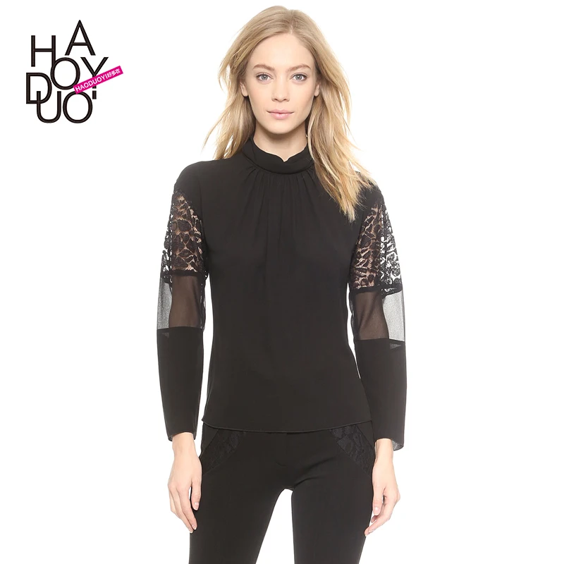 Elegant Gothic turtleneck pleated slim coat gauze lace stitching Sleeve Chiffon shirt haoduoyi