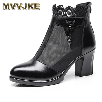 

MVVJKE Women Boots Genuine Leather Ankle Boots Lace Summer Boots Zapatos Chaussures Femme Square High Heel Women Shoes