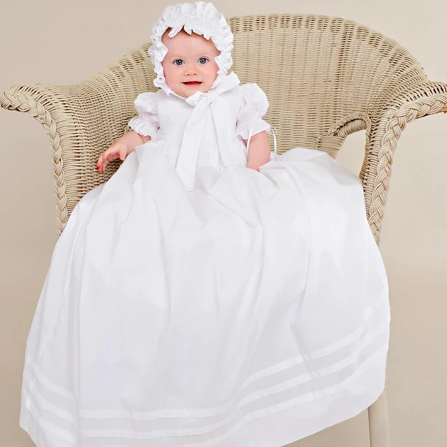 Cheap With Hat Flower Girl Dresses Ivory White Half Sleeves Full Length New Arrival Crochet Draped Memory Silk Christening Gowns