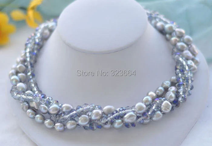 

4row 17" gray baroque pearl faceted crystal bead necklace