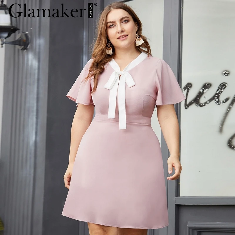 Glamaker розовое платье с оборками с коротким рукавом женское элегантное кружевное мини-платье с бантом для женщин летнее праздничное платье большого размера