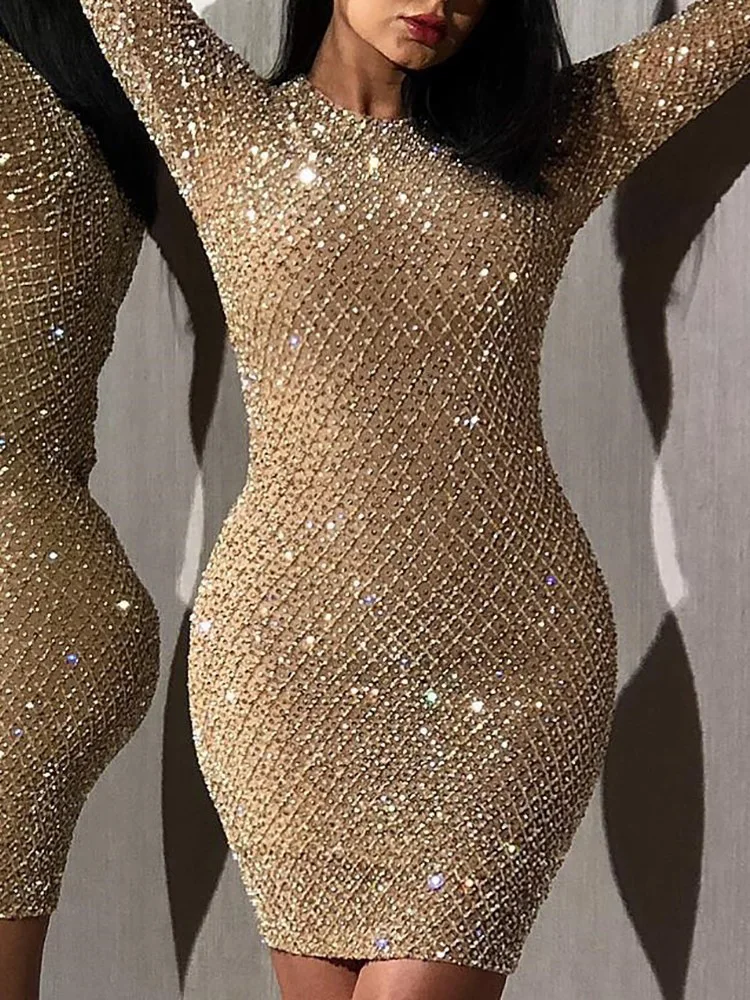 MUXU, блестящее платье с золотыми блестками, vestidos, сексуальные женские облегающие платья для вечеринок, Клубная одежда с длинным рукавом, Дамское Платье на весну - Цвет: Golden