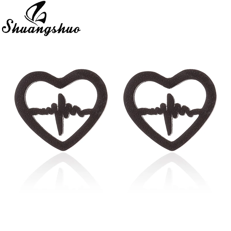 

Shuangshuo Fashion ECG Heart Stud Earrings Black Stainless Steel Heartbeat Earrings Studs Women Doctor Minimalist Jewelry Gift