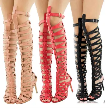 

super cool fashion hollow buckle over knee Roman gladiator sandal boots large size blue gold white black red nude brown colors