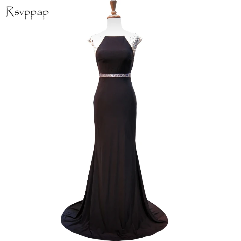Пикантные Бальные платья русалки Кепки рукавом отделанное бисером блестящее сзади платье в пол черный формальный Африканское вечернее