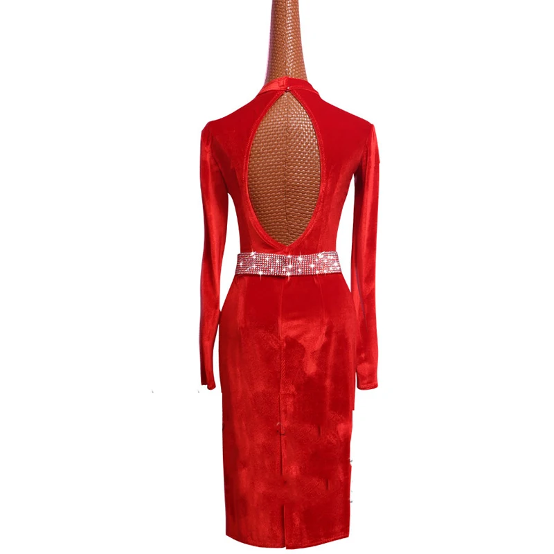 Красный бархатный латинский танец платье с длинным рукавом латинский бальный сальса платье Румба Танго танцевальное шоу сценические костюмы BL1412