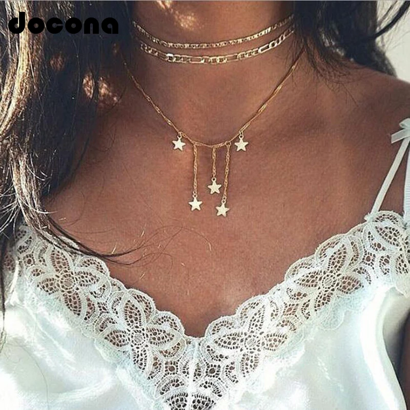

Docona Multilayer Pentagram Sequins Boho Necklaces Pandents Long Alloy Gold Chain Statement Necklace Collier Femme 3861