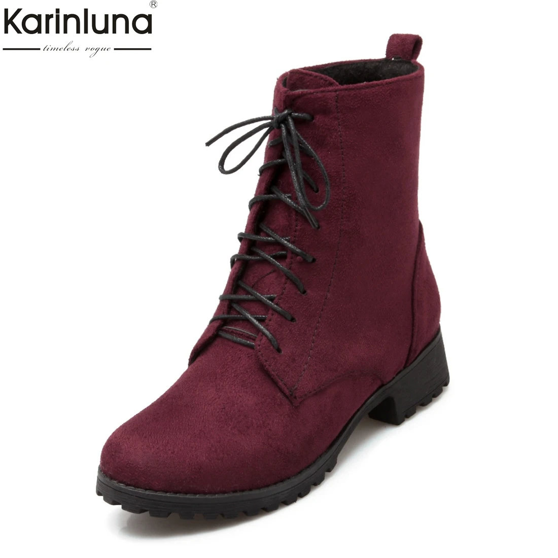 

Karinluna Plus Size 34-47 Warm Winter Boots Woman Shoes Shoelaces Martin Boots Solid Hot Sale Black Red Ankle Boots Women Shoes
