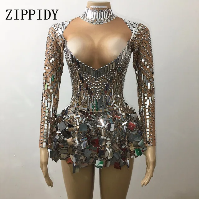 Y Sparkly Silver Sequins Bodysuit Dress Stage Performance Bling Y Sparkly Silver Sequins Bodysuit Dress Stage Performance Bling Dresses Dance Wear Nightclub Shining Costume Outfit