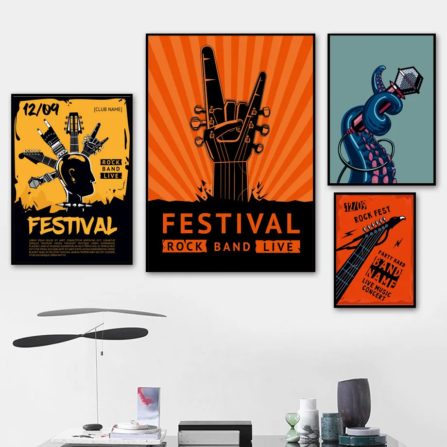 

Rock Star Festival Guitar Microphone Wall Art Canvas Painting Nordic Posters And Prints Wall Pictures For Living Room Bar Club