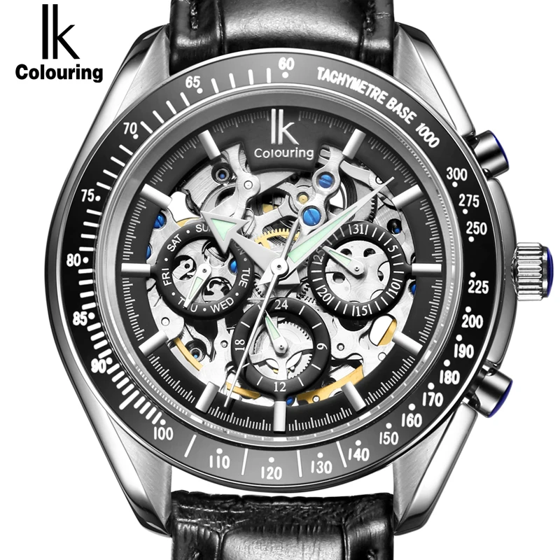 

IK Brand Luxury Automatic Mechanical Watches Men Sub Dial function Date 24 hours Display Genuine Leather Skeleton Watch relojes