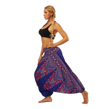 

RAISEVERN 2019 Women's Summer Casual Retro Print Bohemian Harm Pants High Waist Wide Legs Trousers Boho Print Beach Holiday Pant