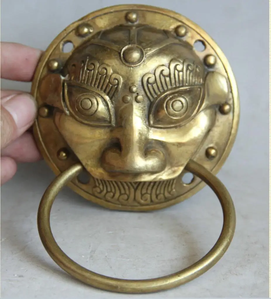 

671115359++++15.5 CM China Brass Fengshui Foo Fu Dog Guardion Lion Mask Door Knocker bless