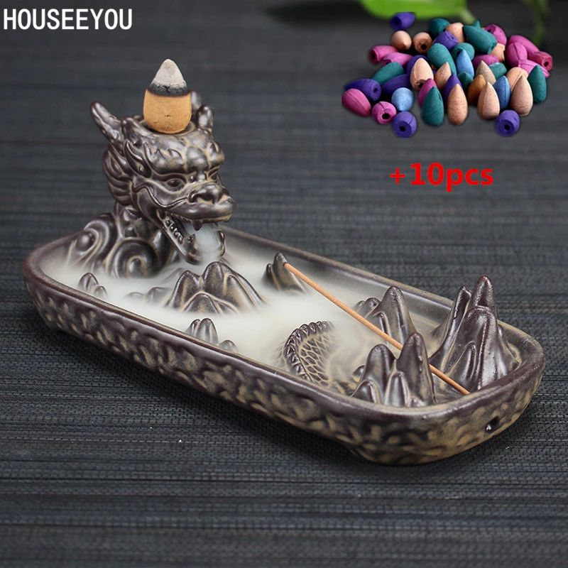 

Ceramic Dragon Censer Home Decor Creative Smoke Backflow Incense Burner Incense Stick Holder + 10Pcs Incense Cones