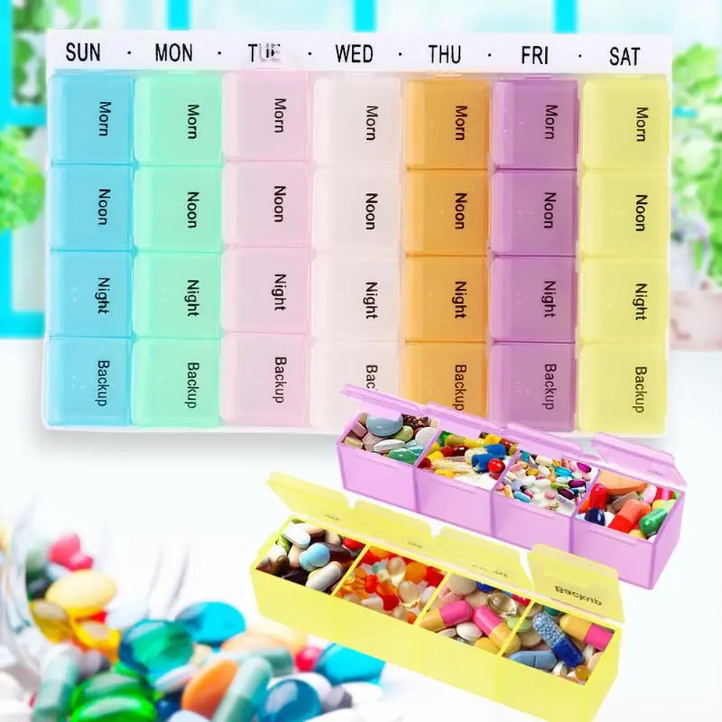 

JOCESTYLE 28 Slots Twice-a-day Weekly Portable Pill boxes Plastic Medicine Organizer Drug Storage Box Container