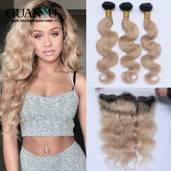 

Guanyuhair #1B/27 Ombre Malaysian Remy Hair Body Wave Bundles with 13x4 Lace Frontal Ear to Ear Human Hair Weave